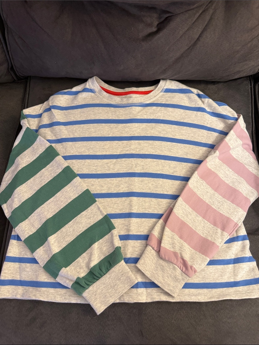 NWOT Boden Size 11-12 Striped Crewneck Sweatshirt in Blue, Green & Pink